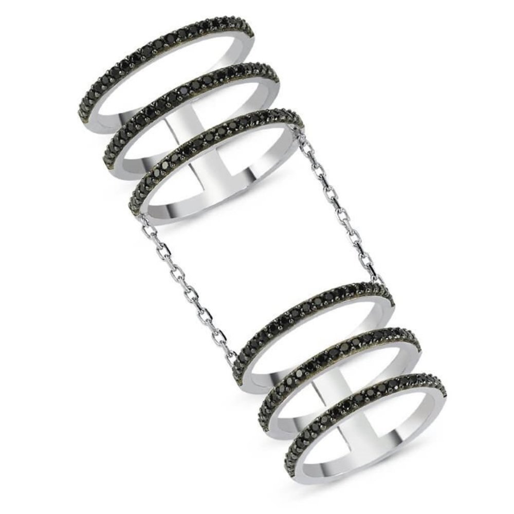 NEW AMORIUM BLACK CRYSTALS SIX LINES RING 925 STERLING